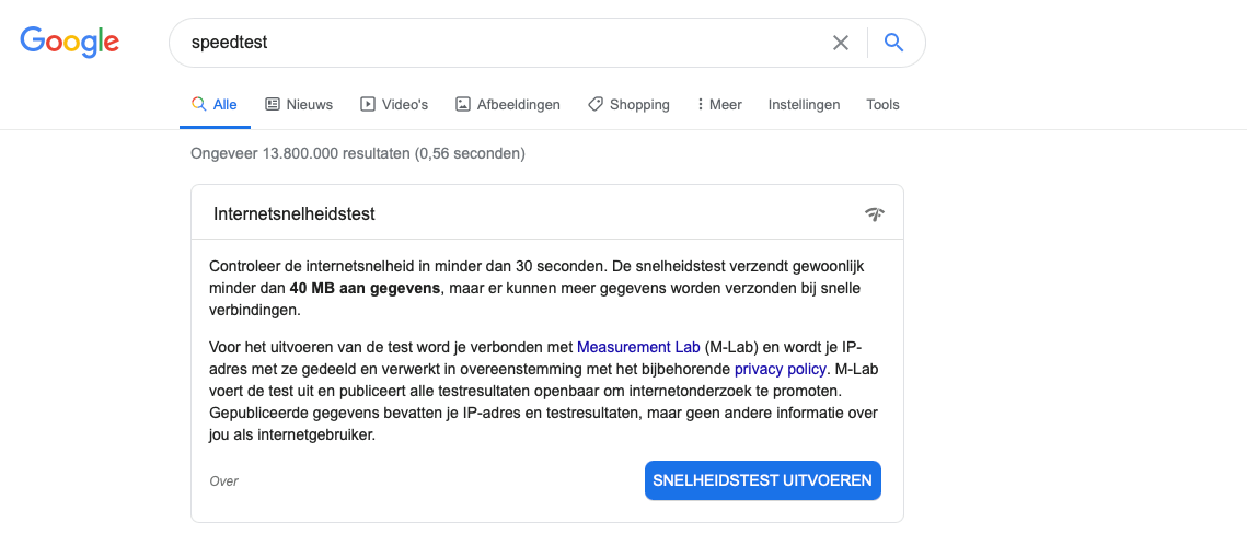 Beschrijving van hoe je Google speedtest bereikt