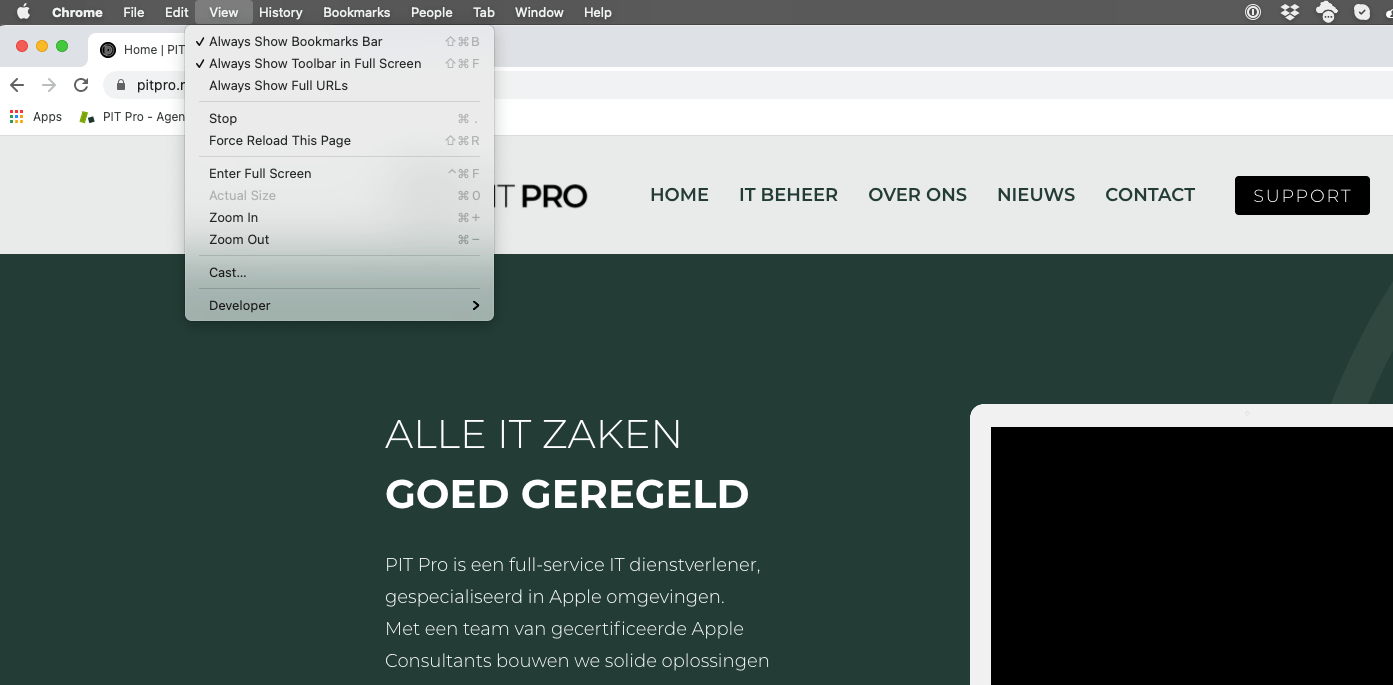 Sneltoetsen zichtbaar via het menu in Chrome en Safari